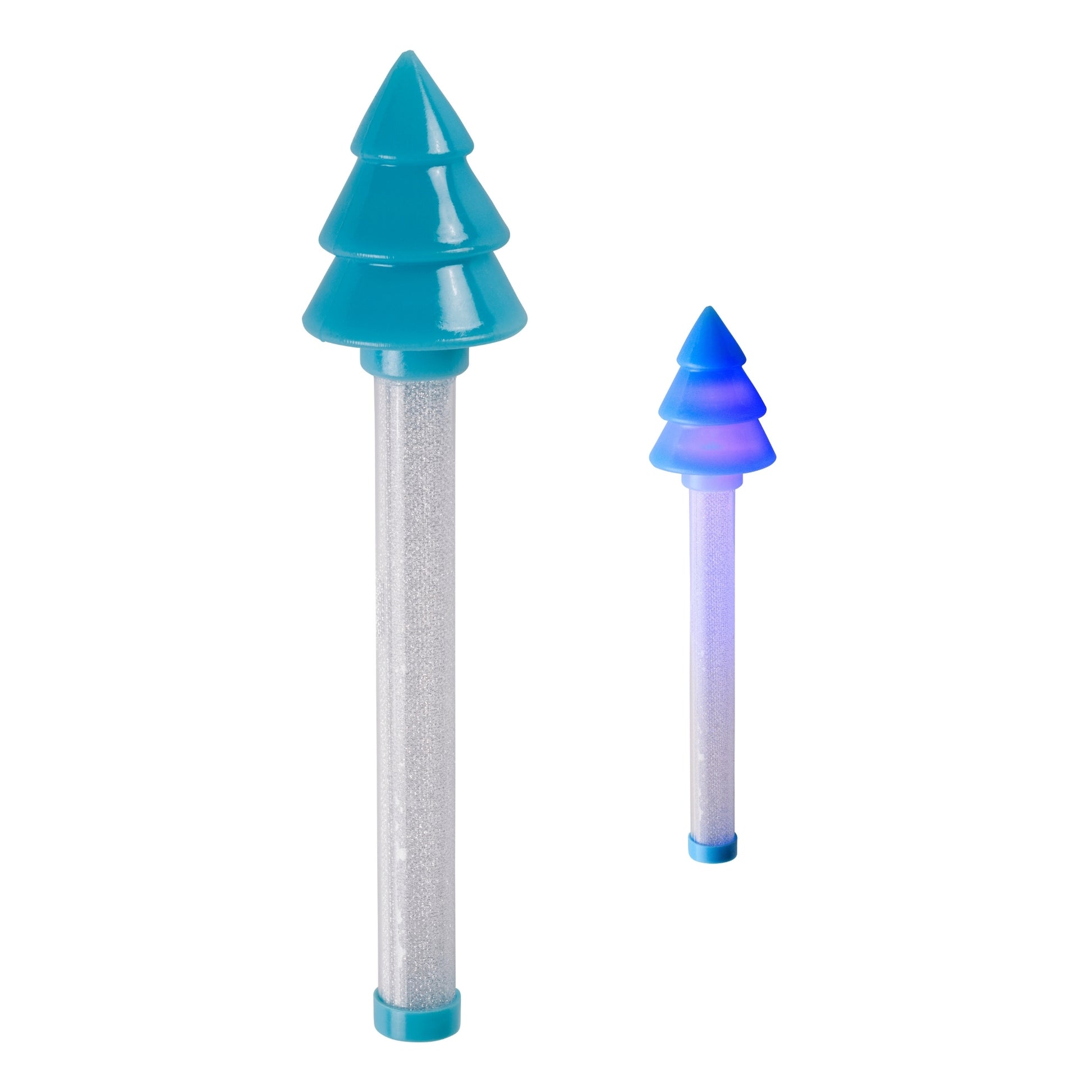 Two Toysmith Holiday Cheer Baton toys with blue plastic, tree-shaped tops and glittery, transparent stems—perfect for stocking stuffers or Christmas party favors—one large in the foreground, another smaller and glowing in the background.