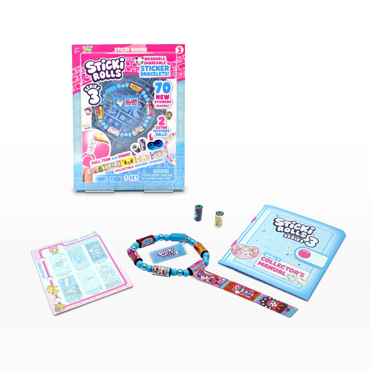 Sky Castle Toys Sticki Rolls Sticki Band S3 Single Pack 24 PC, featuring a pink and blue package, includes a sheet of stickers, a blue collector’s booklet, multiple Sticki Bands sticker bracelet bands, and small Sticki Rolls sticker rolls—all displayed on a white background.
