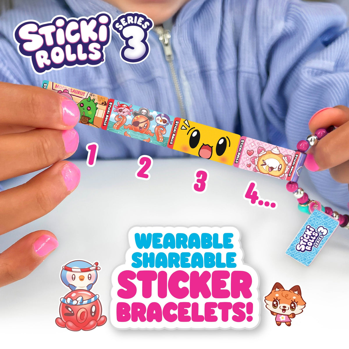 A child wearing a blue jacket shows off a vibrant Sky Castle Toys Sticki Rolls Sticki Band S3 Single Pack 24 PC collectible bracelet, adorned with playful cartoon designs. The text reads: Wearable Shareable Sticker Bracelets! and Sticki Rolls Series 3. Experience the excitement of Sticki Bands with these awesome sticker rolls from Sky Castle Toys!.