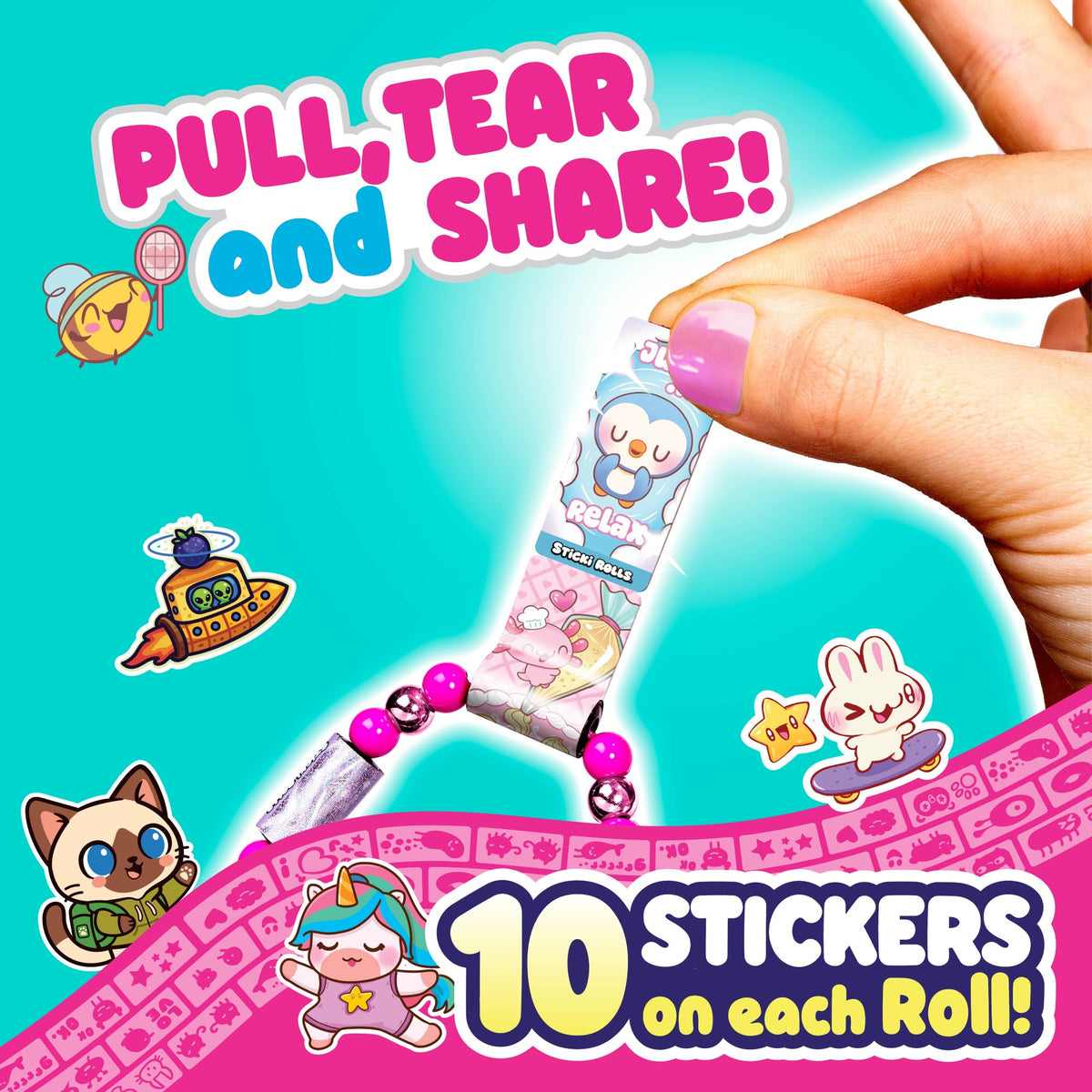 A hand with purple nail polish holds a roll from the Sticki Rolls Sticki Band S3 Single Pack 24 PC by Sky Castle Toys. Cartoon animals and objects surround the roll. Text on a vibrant, playful background reads, “PULL, TEAR and SHARE!” and “10 STICKERS on each Roll!”.