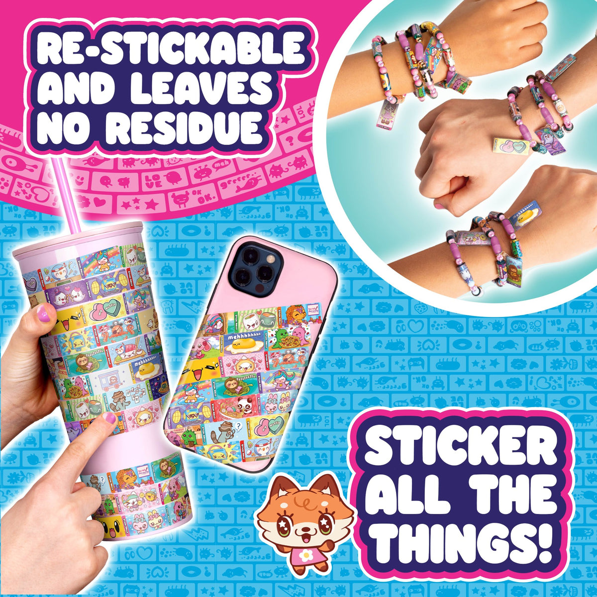 Add pops of color to your cup and phone with the Sky Castle Toys Sticki Rolls Sticki Band S3 Single Pack 24 PC! Hands wearing fun beaded bracelets and collectible Sticki Bands are shown next to mini stickers, ready for endless decorating. These re-stickable stickers leave no residue—just peel, stick, and decorate everything you love! Cute cartoon fox at the bottom adds a playful touch. Perfect to pair with other sticker rolls from Sky Castle Toys for nonstop creative fun.