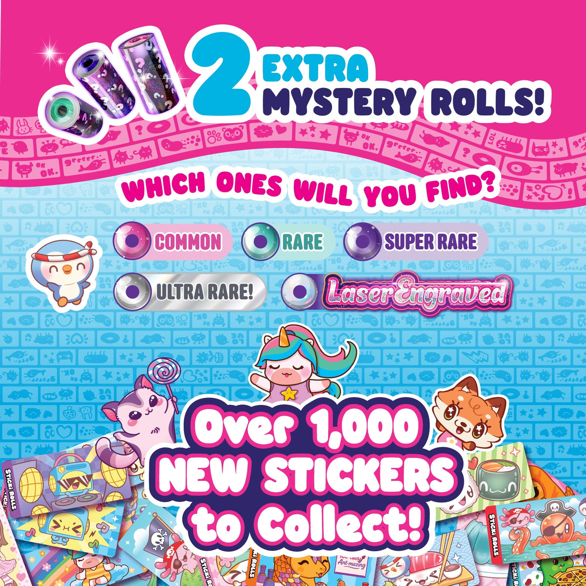 A vibrant image displays cartoon animals, sticker packs, and text highlighting 2 bonus mystery sticker rolls, over 1,000 new stickers to collect, and rarity levels: common, rare, super rare, ultra rare, and laser engraved. Experience the excitement of the Sticki Rolls Sticki Band S3 Single Pack 24 PC by Sky Castle Toys—each collectible bracelet is perfect for showcasing your favorite stickers!.