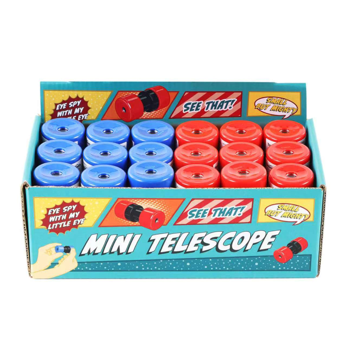Open cardboard display box containing Toysmith Mini Telescopes in red and blue, perfect for outdoor discovery. The box reads “Mini Telescope” alongside catchy phrases like “See That!” and “Eye spy with my little eye,” making these Toysmith telescopes an exciting choice for kids.