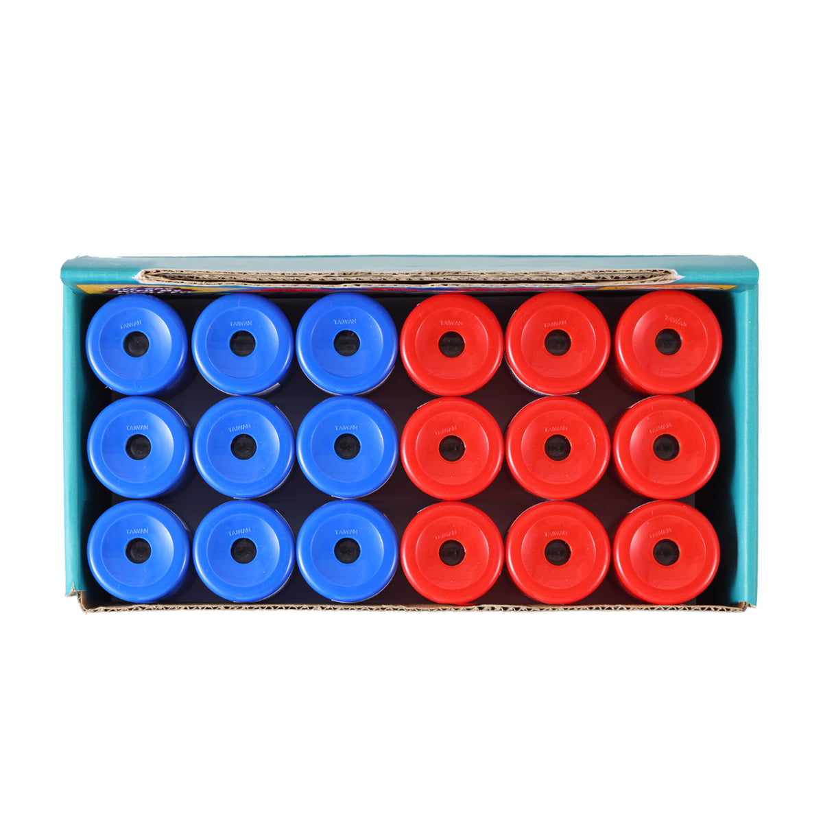 A top-down view shows a teal cardboard box containing eight blue and eight red plastic bottle caps, neatly arranged in four rows—an ideal accessory for Toysmith Mini Telescopes from Toysmith, perfect for kids’ outdoor discovery activities.