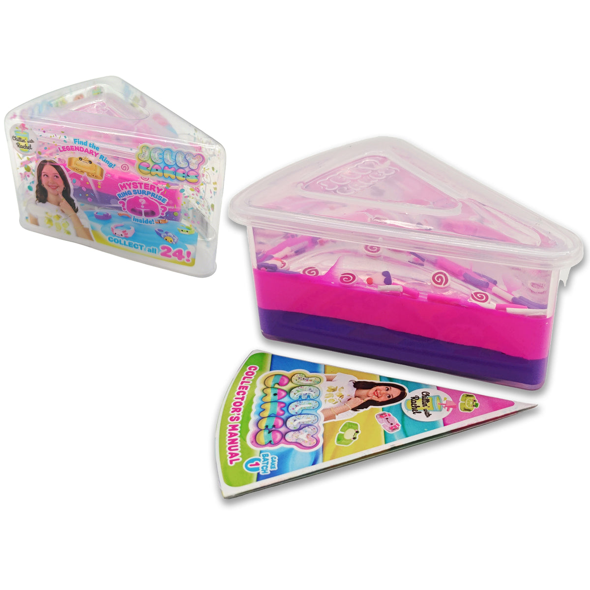 The Jelly Cakes S1 Chillin Cake CDU by Sky Castle Toys is a triangular plastic container with layered pink and purple putty. This collectible slime sensory toy features candy graphics—collect all 24 varieties!.