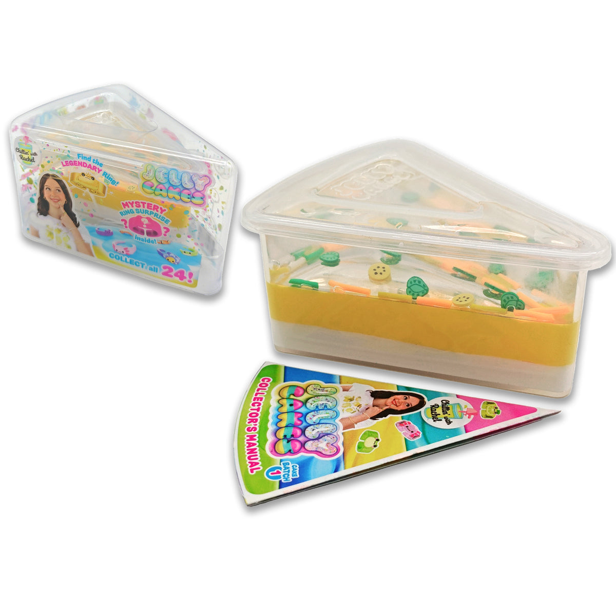 The Jelly Cakes S1 Chillin Cake CDU by Sky Castle Toys is a plastic, triangular container filled with small toys, collectible slime, and a collector’s guide. Colorful packaging shows a smiling girl and the message “Collect all 24!”.