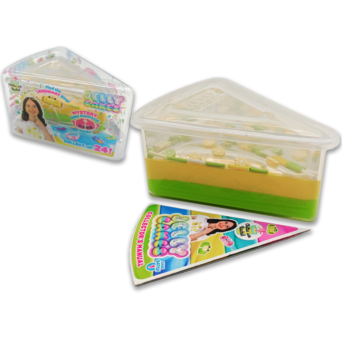 The Jelly Cakes S1 Chilllin Cake CDU by Sky Castle Toys is a cake slice-shaped toy set in a clear container with colorful collectible slime and decorations. The packaging shows a woman, the Jelly Cakes logo, and has a triangular card in front.