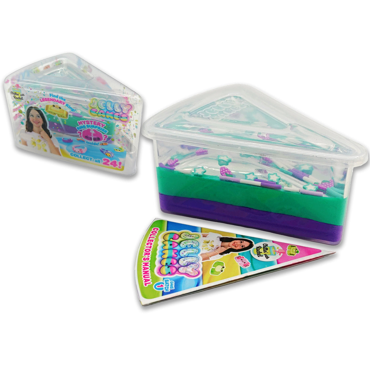 A clear, triangular plastic container with layers of green and purple putty and small toy charms inside. Colorful labels feature a girl and the product name Jelly Cakes S1 Chilllin Cake by Sky Castle Toys. A fun sensory collectible for kids.