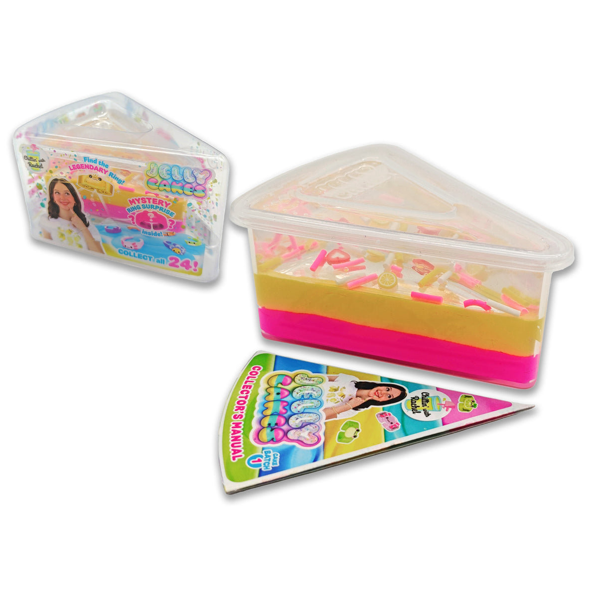 A transparent, triangular container holds colorful collectible slime and toy pieces. Beside it are its packaging and a triangular collector’s manual with bright Jelly Cakes S1 Chilllin Cake CDU graphics by Sky Castle Toys.