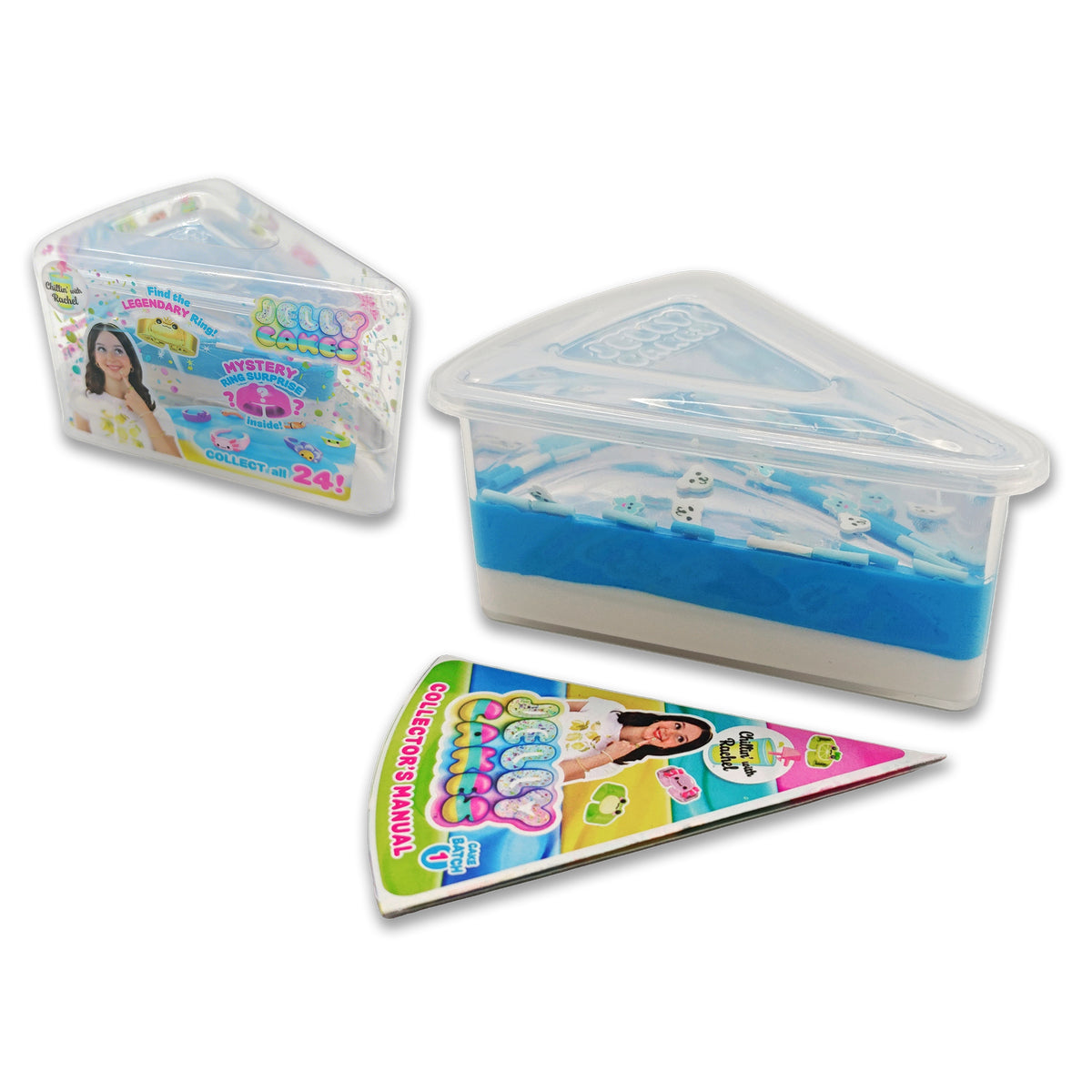 The Jelly Cakes S1 Chillin Cake CDU by Sky Castle Toys is a triangular plastic container with blue and white layers, containing collectible slime and Jelly Cakes sensory toys, shown with its lid and colorful collector’s manual.