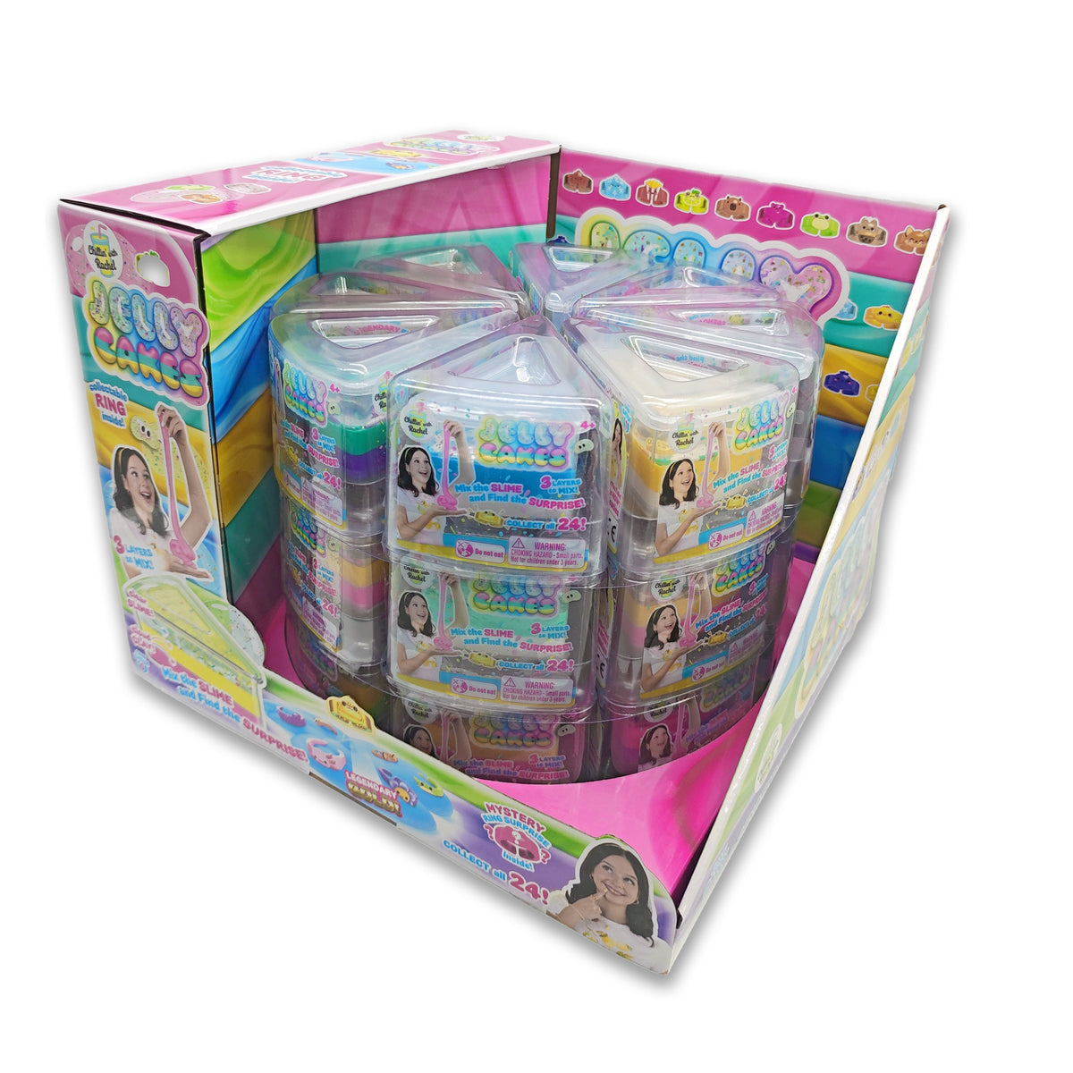 The Jelly Cakes S1 Chilllin Cake CDU by Sky Castle Toys features a colorful display box with clear containers of fruity jelly cakes. The packaging showcases a smiling girl, playful crowns, bright designs, and sensory toy appeal.