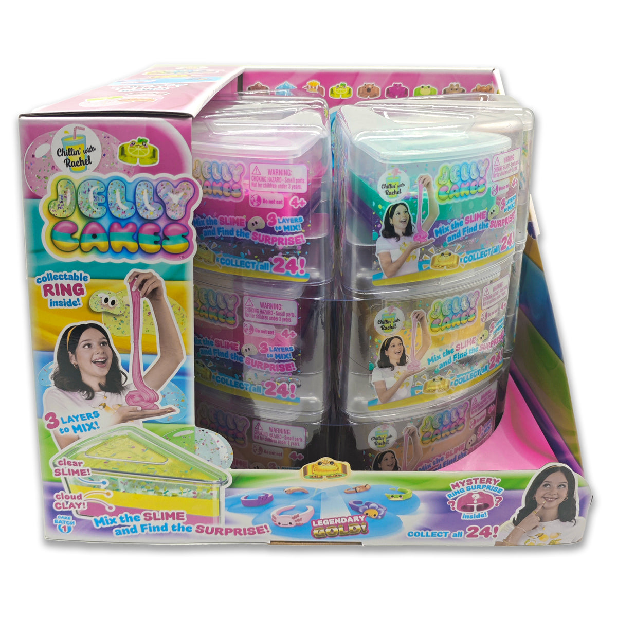 The Jelly Cakes S1 Chillin Cake CDU by Sky Castle Toys features colorful packaging with a girl playing and highlights a collectible ring inside, 3 layers to mix, and 24 surprises to collect.