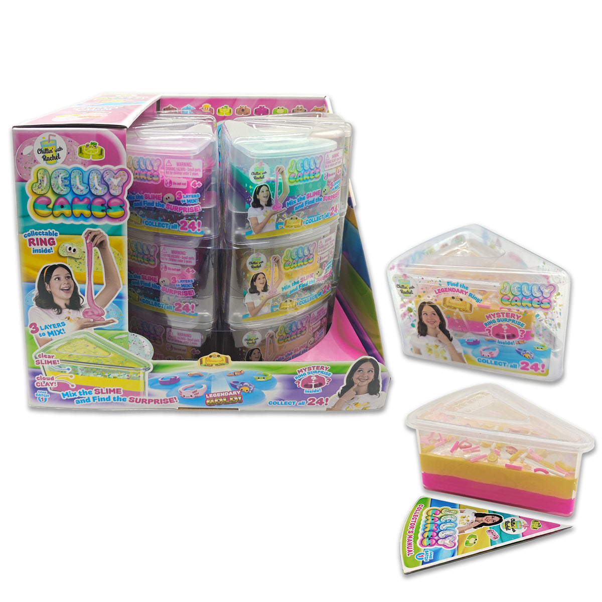 Sky Castle Toys’ Jelly Cakes S1 Chilllin Cake CDU features a colorful display box of sensory toys in triangular clear containers, each with 3 collectible slime layers, 24 surprises, a free ring, and packaging showing the toy and stretchy slime.