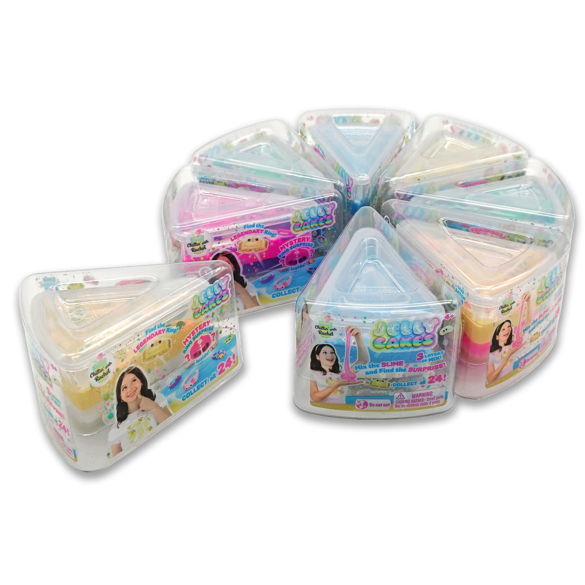 A set of colorful, triangular Jelly Cakes S1 Chillin Cake CDU containers by Sky Castle Toys are arranged in a circle with one piece pulled out. Featuring vibrant packaging, this playful food-themed product also works as a fun sensory toy.