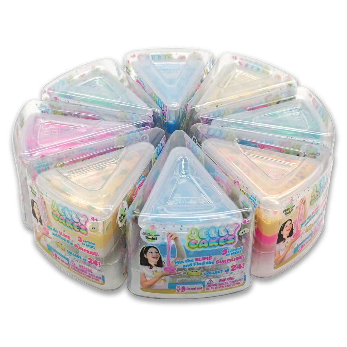 Twelve Jelly Cakes S1 Chilllin Cake CDU containers by Sky Castle Toys form a circle, each with a girl holding slime, bright labels, and pastel slimes—creating a delightful sensory toy for collectors.