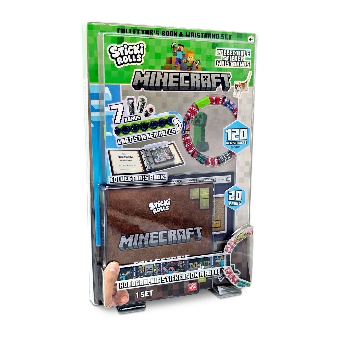 The Sticki Rolls Minecraft Collector’s Book by Sky Castle Toys includes 120 stickers, a sticker book, two bracelets, bonus items, and a collector's book in a Minecraft-themed box with a clear window displaying the contents.