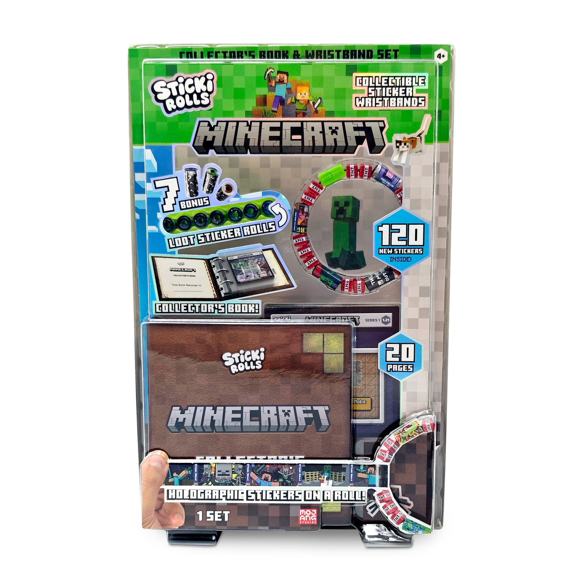 The Sticki Rolls Minecraft Collector's Book by Sky Castle Toys is a boxed set with bold Minecraft graphics, a Creeper bracelet, over 120 collectible stickers, and includes an image of a hand holding the package.