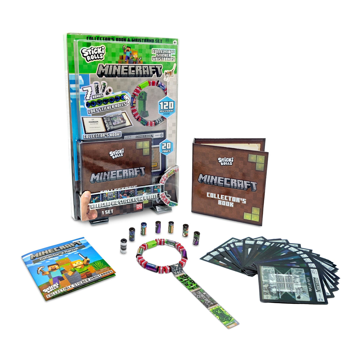 Sky Castle Toys Sticki Rolls Minecraft Collector’s Book set, including packaging, stickers, a wearable bracelet, character figures, adventure guide, and collectible cards, all arranged neatly on a white background.