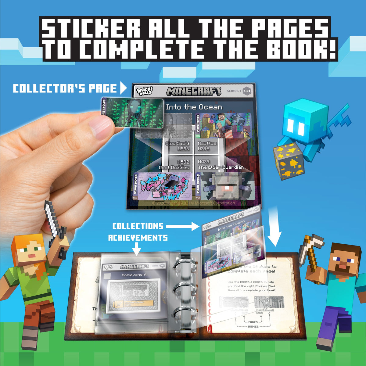 A hand places a sticker onto a Sticki Rolls Minecraft Collector’s Book page, surrounded by Minecraft characters and an open binder below, showcasing the Sky Castle Toys Minecraft sticker collection. Bold text reads: Sticker all the pages to complete the Sticki Rolls Minecraft Collector’s Book!.
