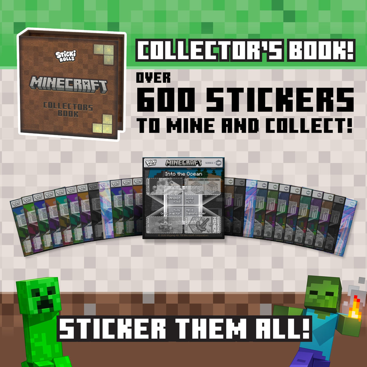 Discover the Sticki Rolls Minecraft Collector’s Book by Sky Castle Toys—a vibrant fan-shaped sticker book featuring over 600 stickers! Inspired by classic mining and collecting gameplay, this book is perfect for every Minecraft fan, with pixelated characters decorating the bottom corners. Pair it with your favorite Minecraft bracelet for even more fun!.