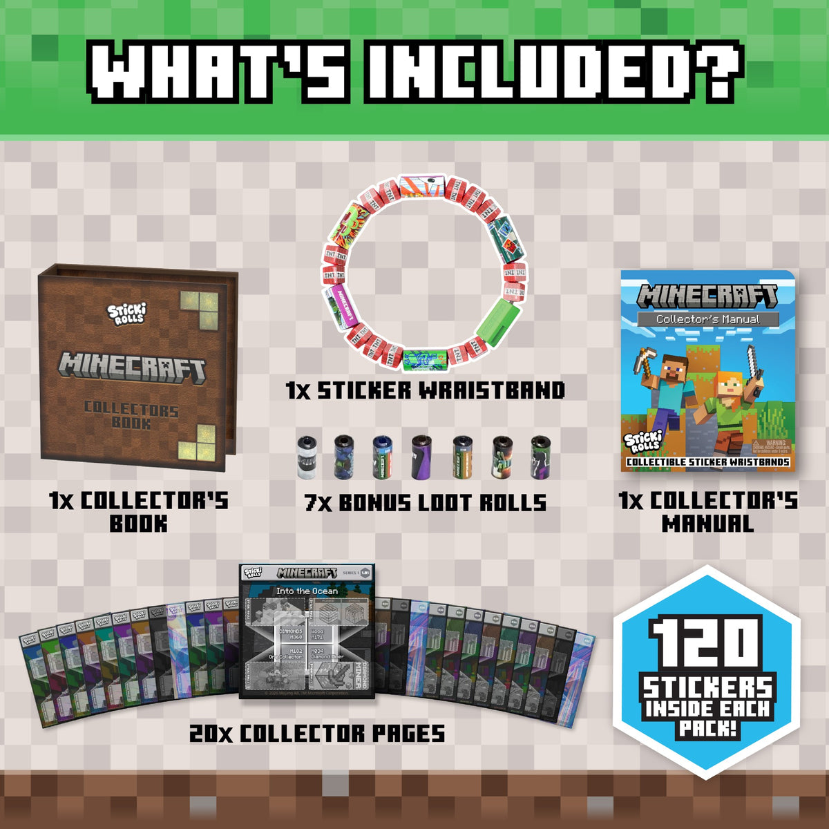 Image listing Sticki Rolls Minecraft Collector’s Book contents by Sky Castle Toys: includes the Minecraft Collector’s Book, wearable bracelet sticker wristband, collector’s manual, 7 loot rolls, 20 collector pages, and text stating 120 Minecraft stickers inside each pack! Pixelated Minecraft-style background.