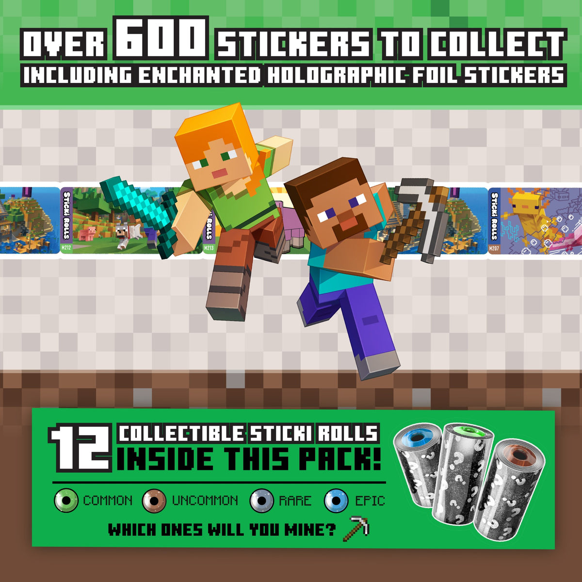 Two Minecraft characters leap with weapons above a row of stickers. Text reads: Over 600 stickers to collect. This Sticki Rolls Minecraft Collector’s Book from Sky Castle Toys contains 12 collectible Sticki Rolls! At the bottom, you’ll find images showing sticker rolls and rarity types, plus a shout-out for the Minecraft Collector’s Book and a cool wearable bracelet to display your favorite discoveries.