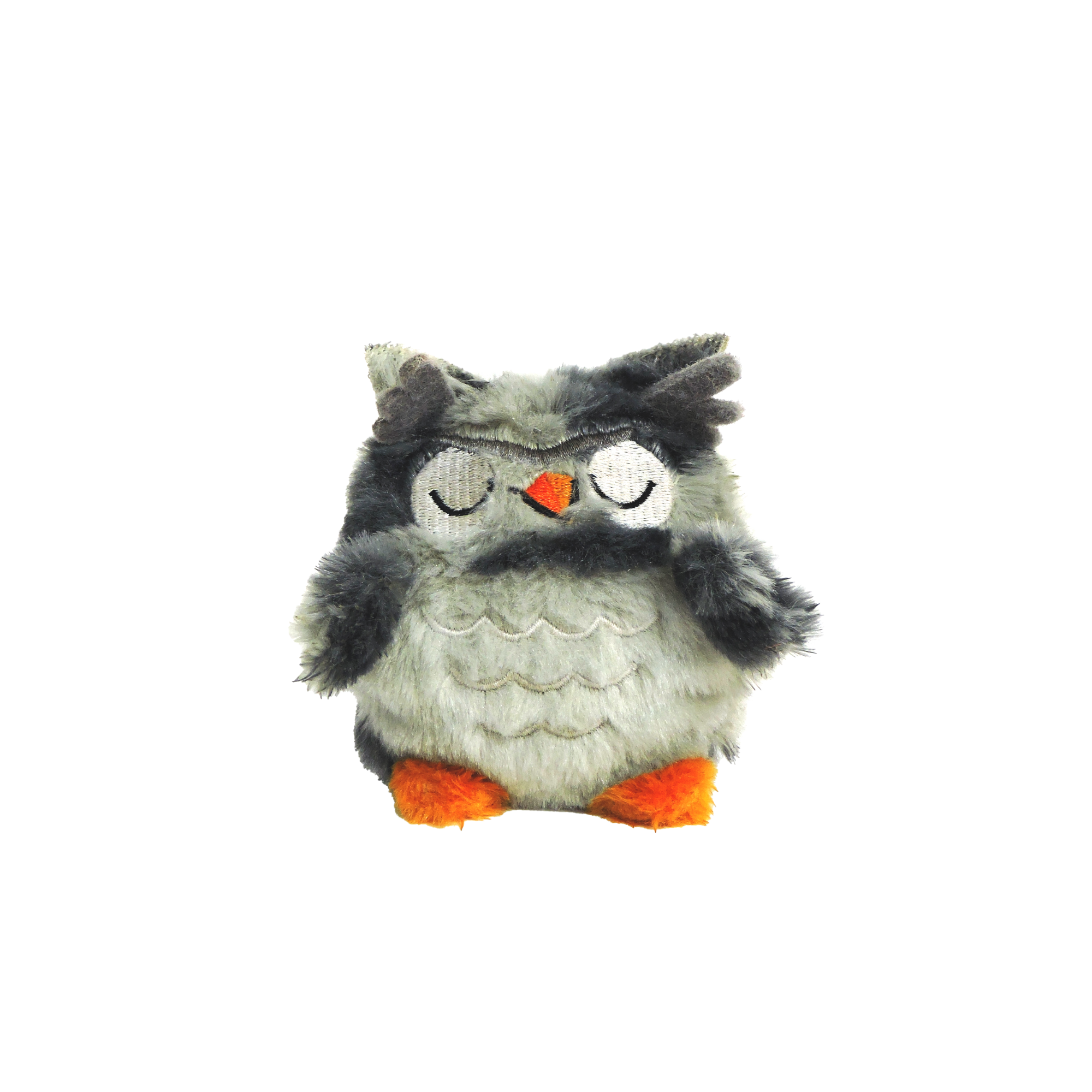 The Sugar Skwisheez: Tree Huggers plush owl features grey and black fur, closed embroidered eyes, an orange beak and feet, offering sensory comfort and stress relief while sitting against a white background.