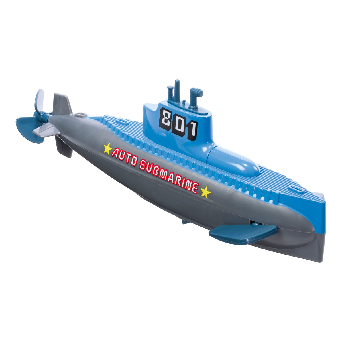 The Toysmith 2024 Neato! Pre-Filled Display features a blue and gray toy submarine with "AUTO SUBMARINE," yellow stars, and the number 801—one of our best-selling impulse toys in a compact corrugate display.