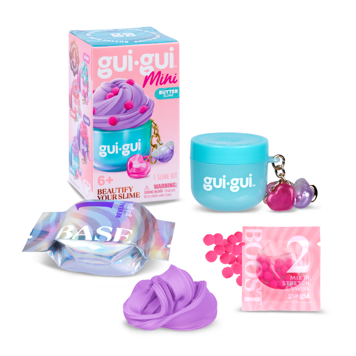 The Gui Gui Mini Backpack Charm Slime by Moose Toys includes a pink and purple container, iridescent-wrapped slime base, pink boost packet, two charms, swirled purple slime, and comes in a colorful box with product images.