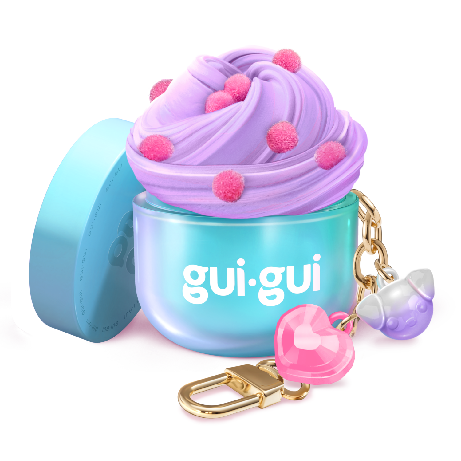 The Gui Gui Mini Backpack Charm Slime by Moose Toys features a pastel blue and purple jar, a swirl of purple slime topped with pink pom-poms, a blue lid, and a keychain with a pink heart and tiny gray animal face charm.