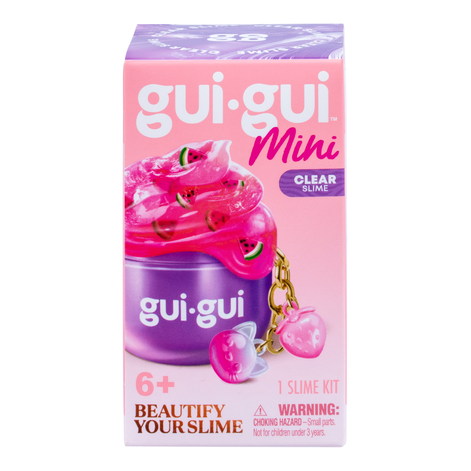 A pink box of Gui Gui Mini Backpack Charm Slime by Moose Toys features pink slime with fruit charms, a purple container, and a keychain. For ages 6+ with choking hazard warning shown on the packaging.