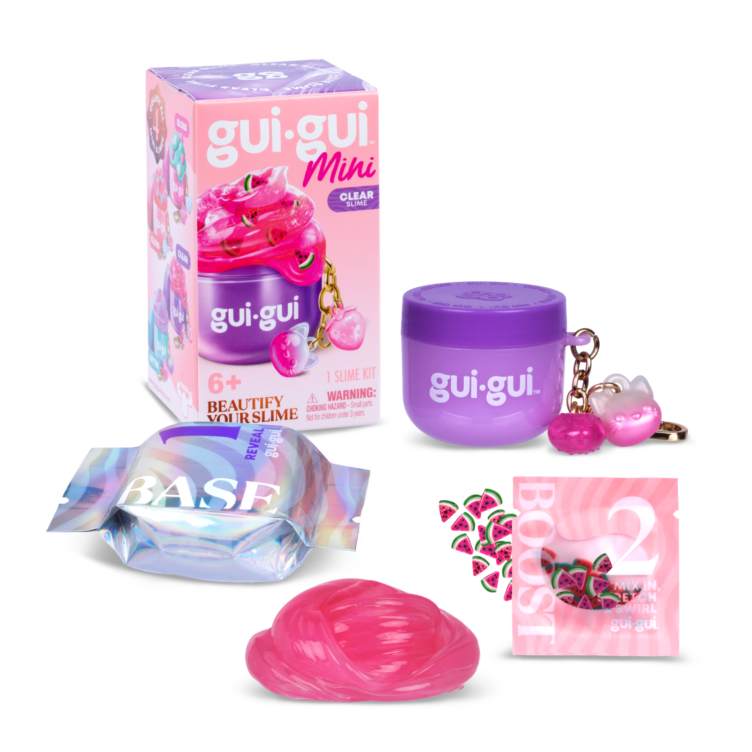 A vibrant Gui Gui Mini Backpack Charm Slime by Moose Toys includes a purple container, keychain, decorative packet, slime base wrapper, bright pink slime, and comes in a colorful box. Suitable for ages 6+.
