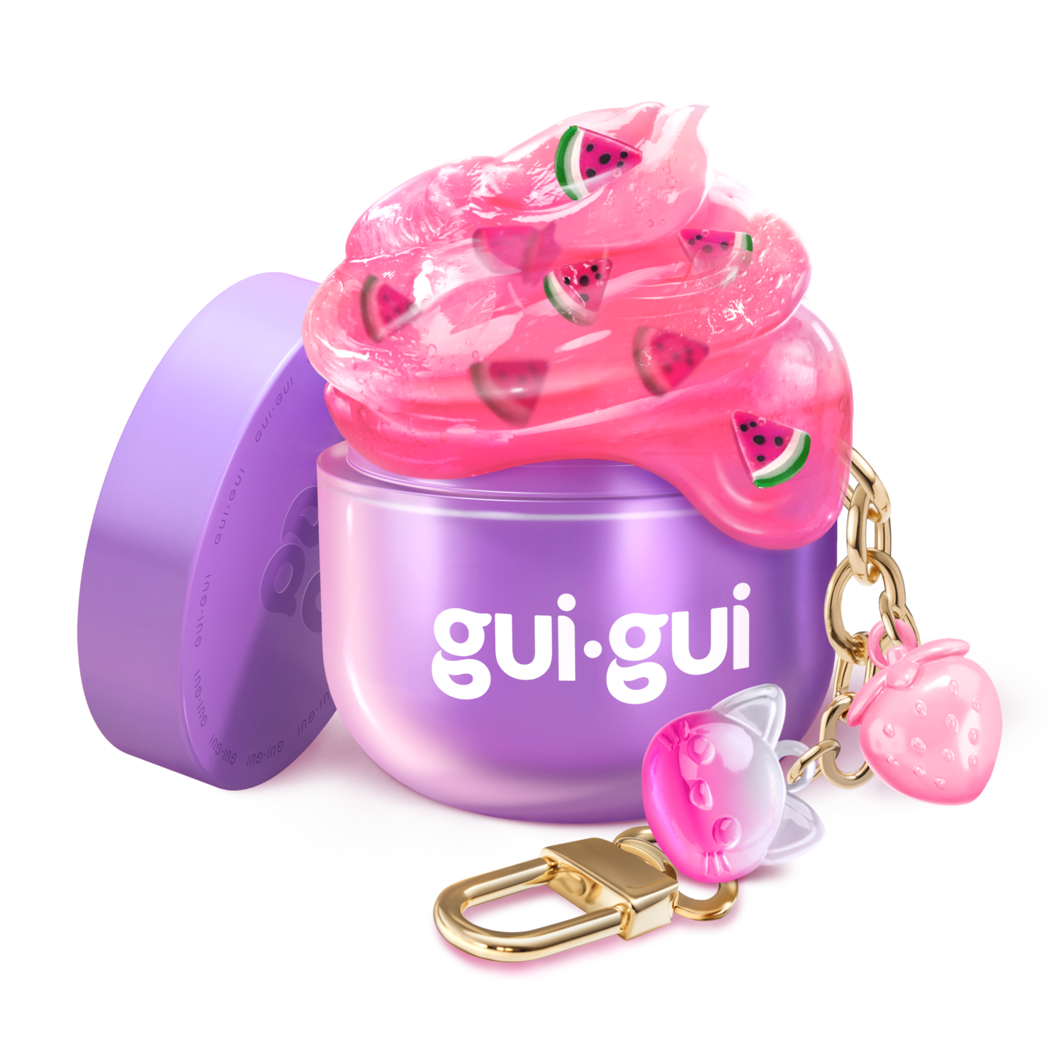The Gui Gui Mini Backpack Charm Slime by Moose Toys is a purple container with glossy pink slime topped with watermelon slices. It has a keychain featuring a cat-shaped and a strawberry charm, and the lid rests beside it.