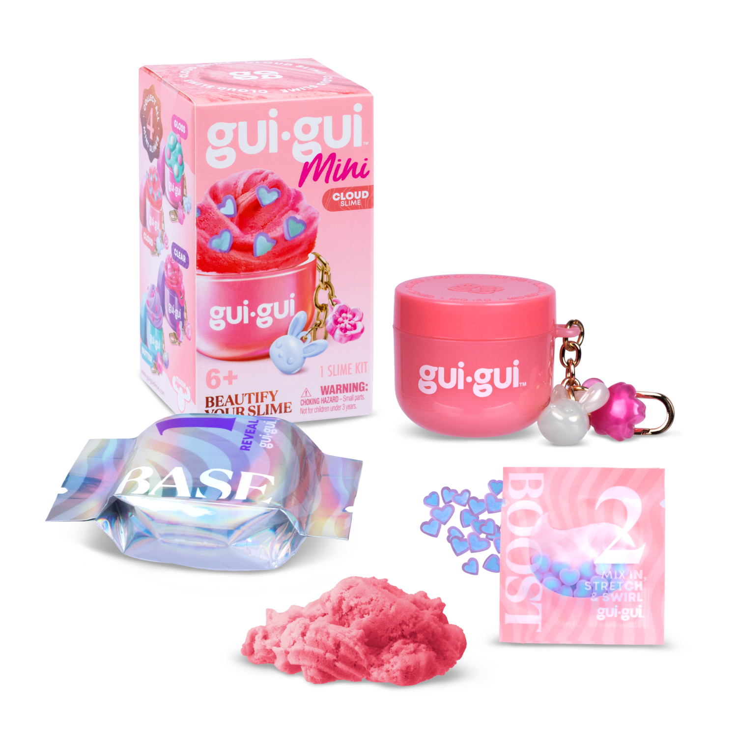 The Gui Gui Mini Backpack Charm Slime by Moose Toys features a pink container with a BASE wrapper, pink BOOST packet, keychain charms, and fluffy pink slime, all displayed beside its vibrant packaging.
