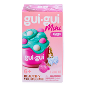 A pink box labeled Gui Gui Mini Backpack Charm Slime by Moose Toys features green and pink slime in a container with a bear keychain. Text includes "Beautify Your Slime," for ages 6+, "1 Slime Kit," and a choking hazard warning.