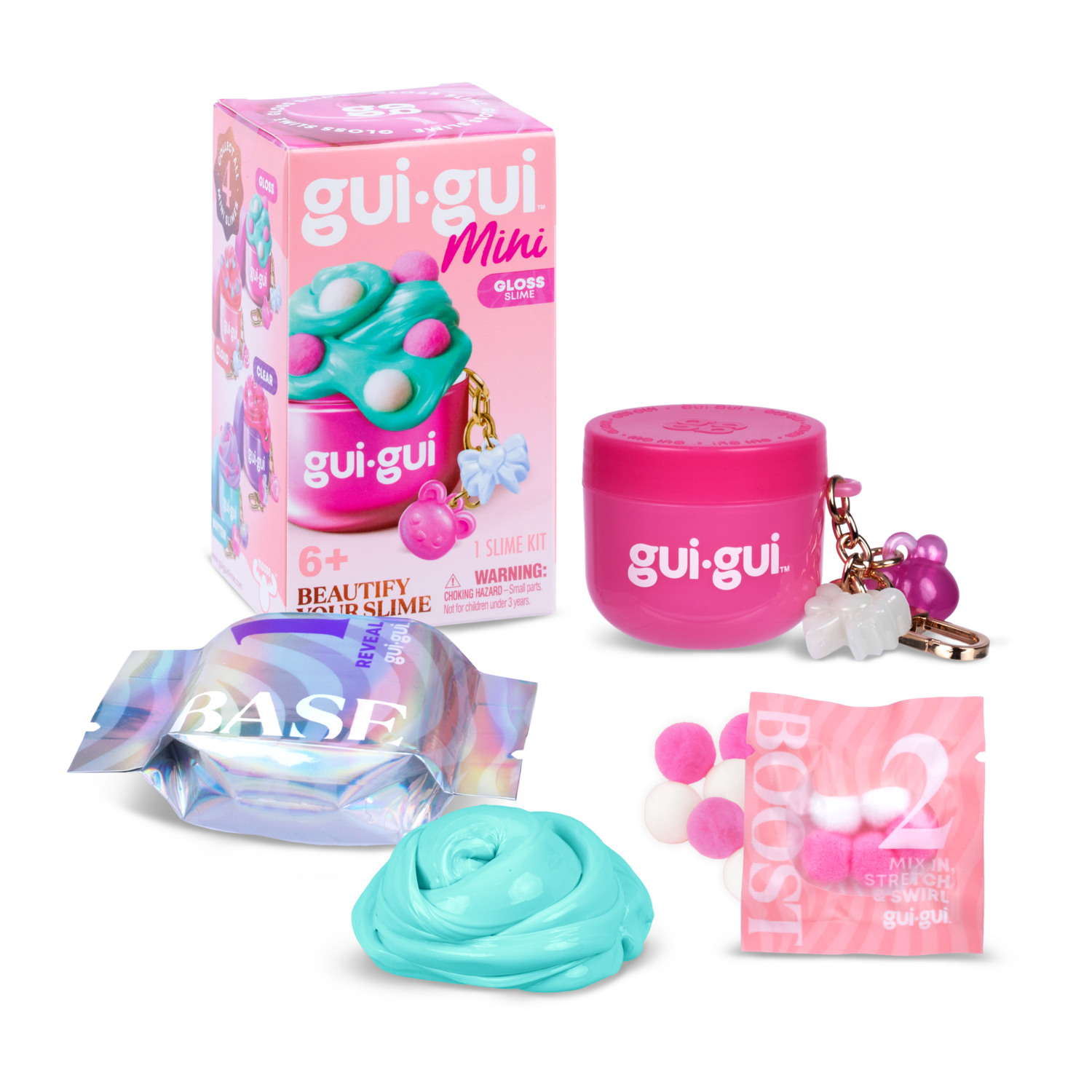 The Moose Toys Gui Gui Mini Backpack Charm Slime includes a pink container, pastel blue slime base, BOOST packet with white and pink foam balls, purple keychain, and colorful packaging.
