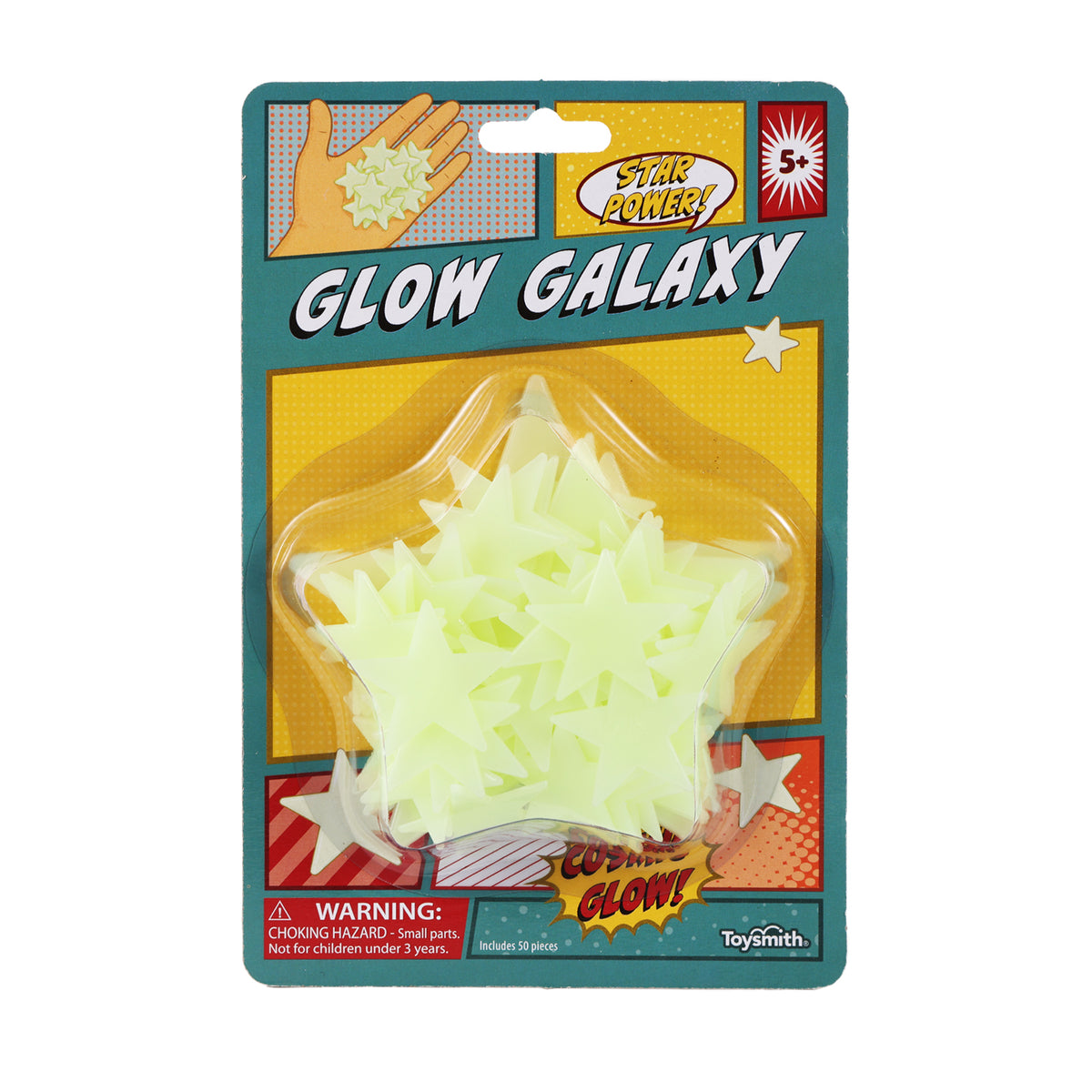 The Toysmith Glow Galaxy pack includes an assortment of glow-in-the-dark star shapes. The packaging displays a hand arranging the stars, features a comic-style design, and clearly warns that small parts may pose a choking hazard for children under 3 years. Ideal for space-themed imaginative play, these glowing stars let you create your very own personal galaxy in any room.