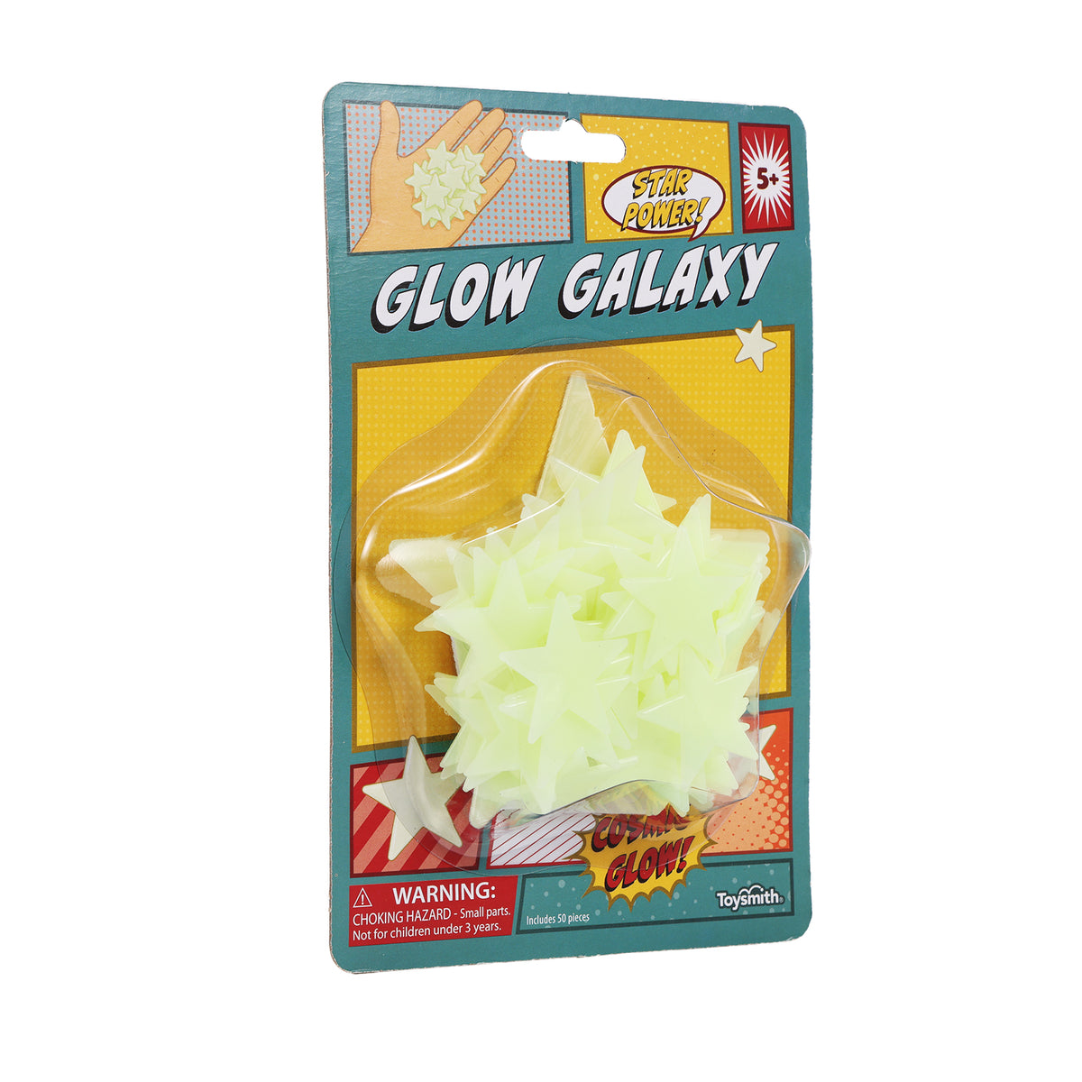 A package of Toysmith’s Glow Galaxy features glow-in-the-dark plastic stars. The space-themed packaging displays the Glow Galaxy name in colorful text, includes a warning label, and has a clear plastic window showing the stars inside.