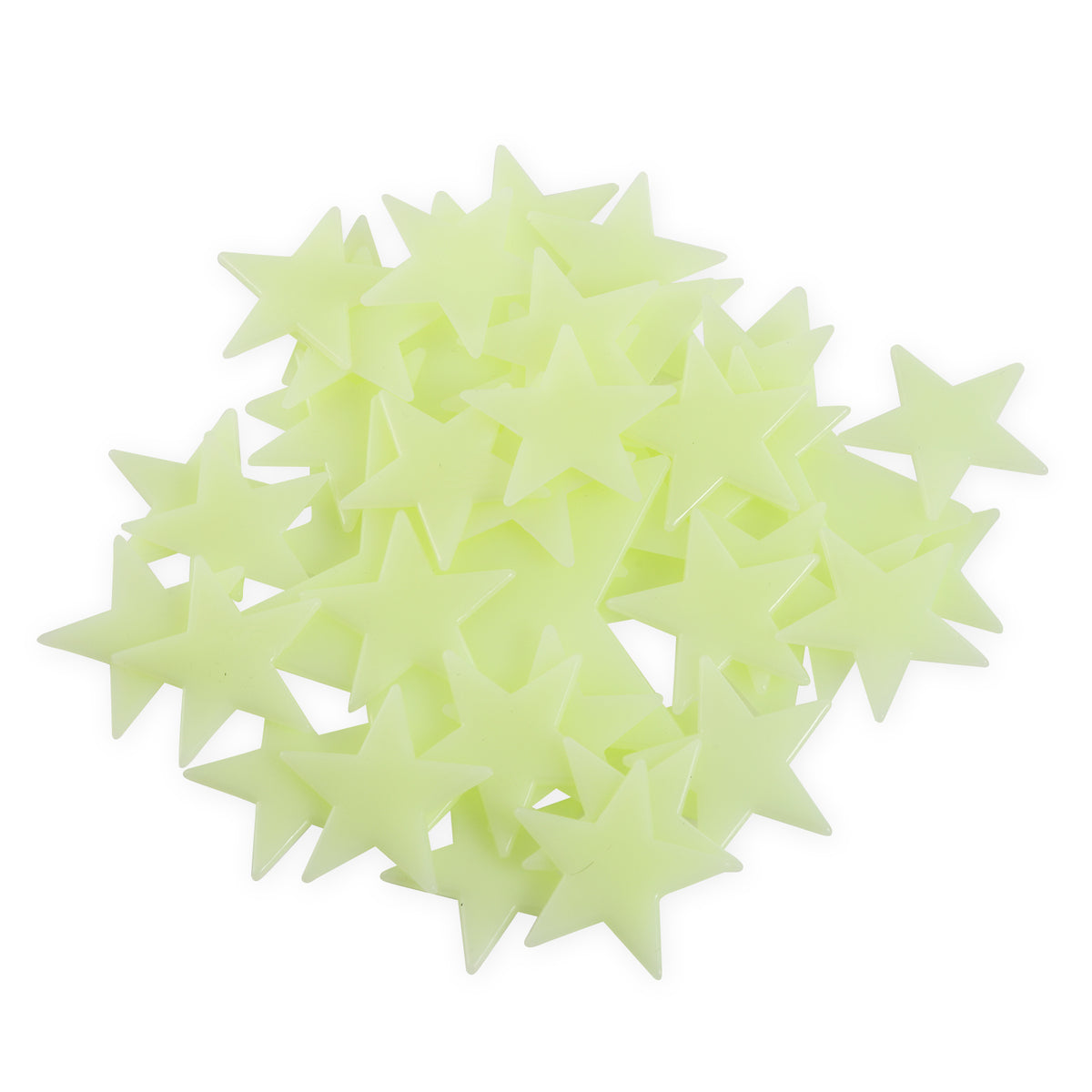 A cluster of Toysmith Glow Galaxy pale yellow, glow-in-the-dark stars is scattered randomly on a white background, inspiring imaginative exploration and evoking a sense of space-themed wonder.