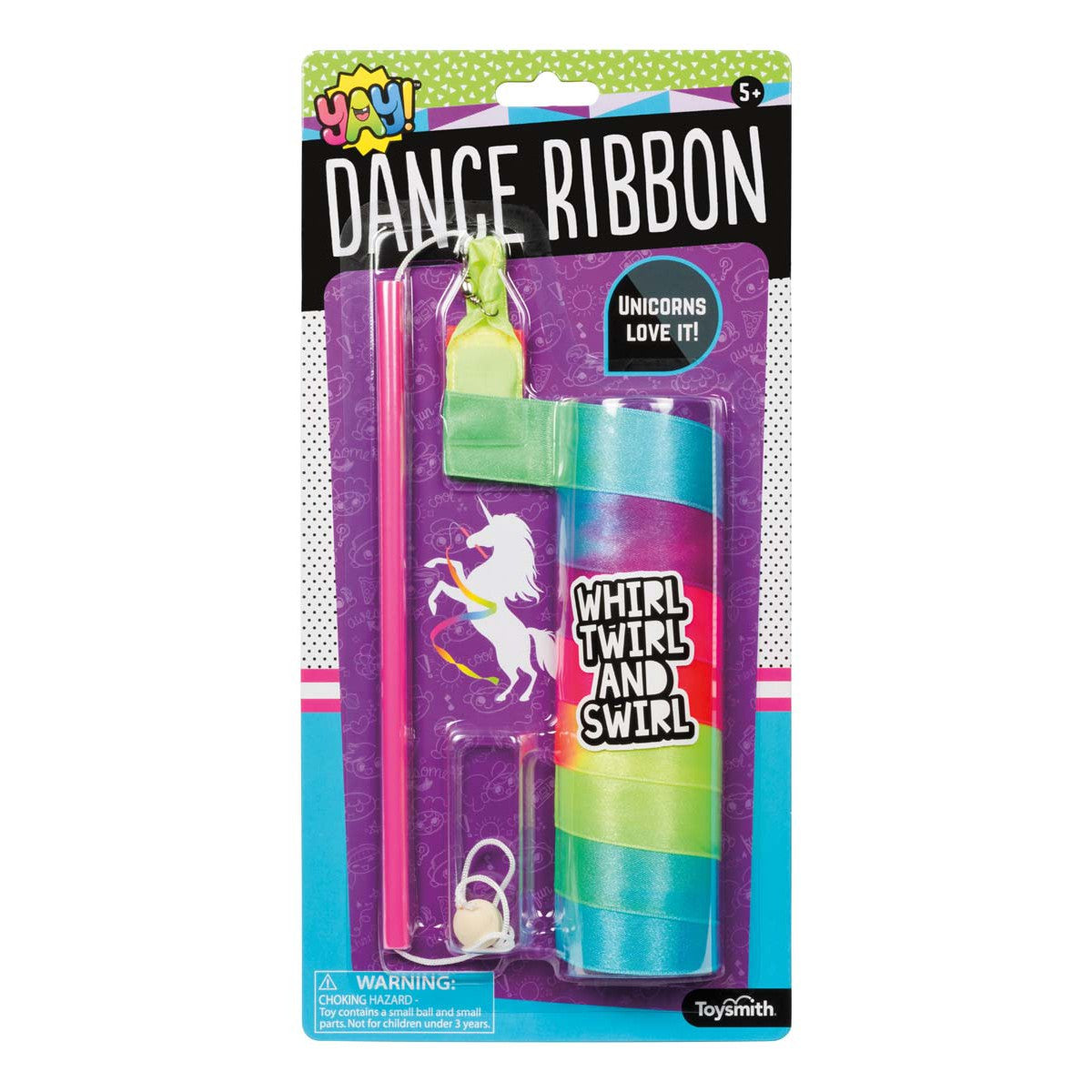 The YAY! Dance Ribbon features a unicorn graphic, phrases "Unicorns love it!" and "Whirl Twirl and Swirl," plus a vibrant rainbow ribbon with pink stick. Fun packaging. For ages 5+.