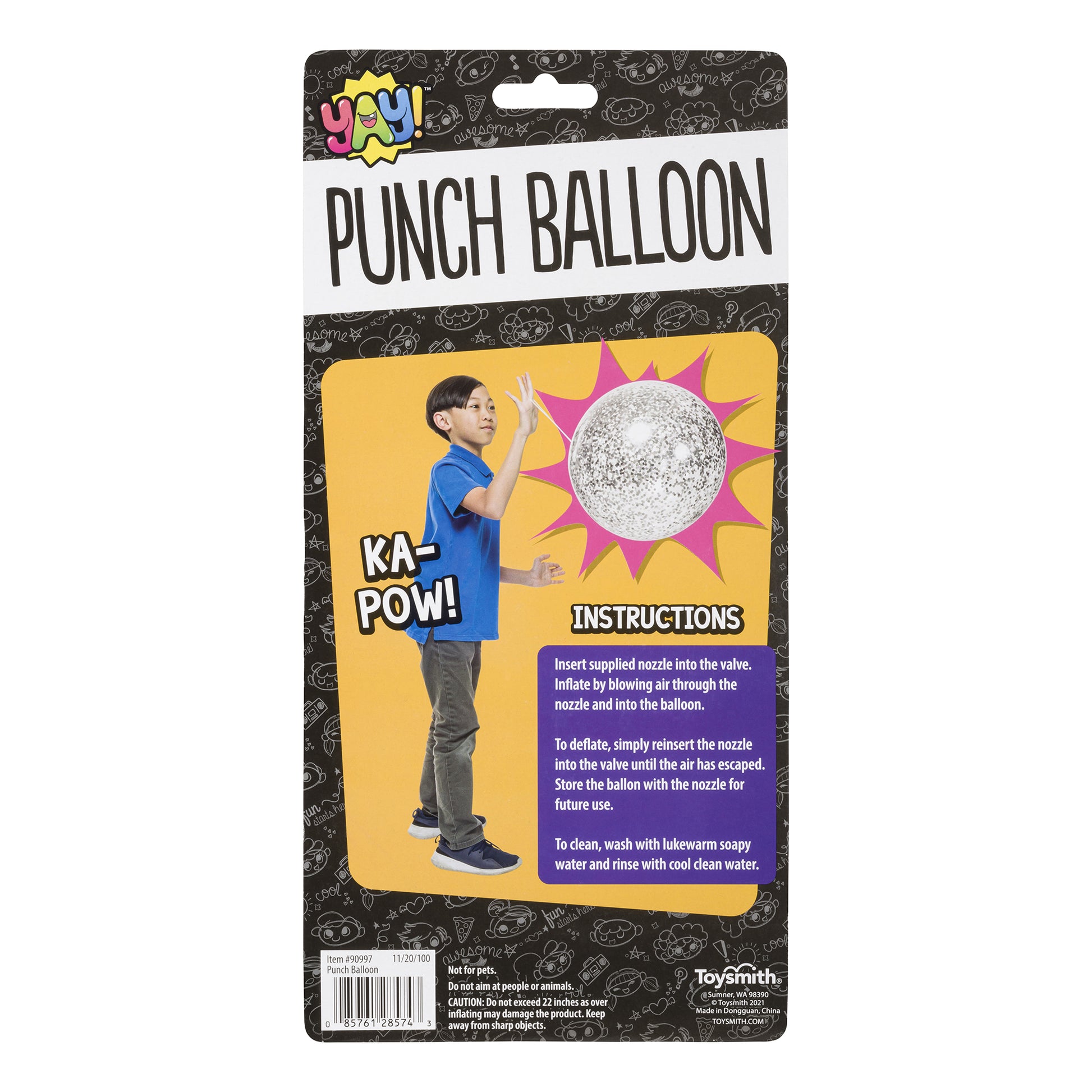 The YAY! Glitter Punch Balloon package shows a child punching a silver glitter balloon. Text reads YAY!, PUNCH BALLOON, and KA-POW!, plus instructions on inflating, deflating, and cleaning this elastic band balloon from YAY!.