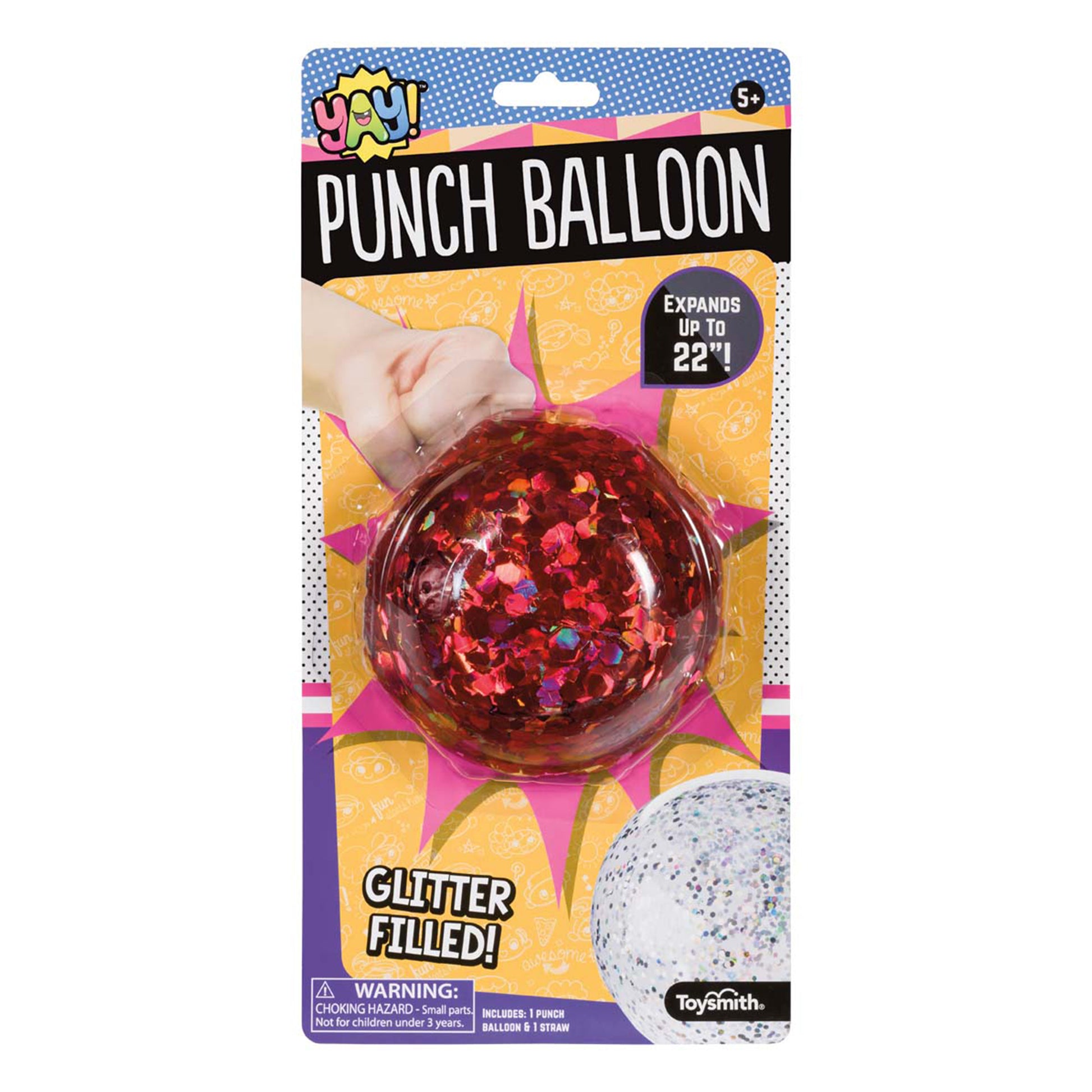 The YAY! Glitter Punch Balloon by YAY! features an elastic band for fun and active play.