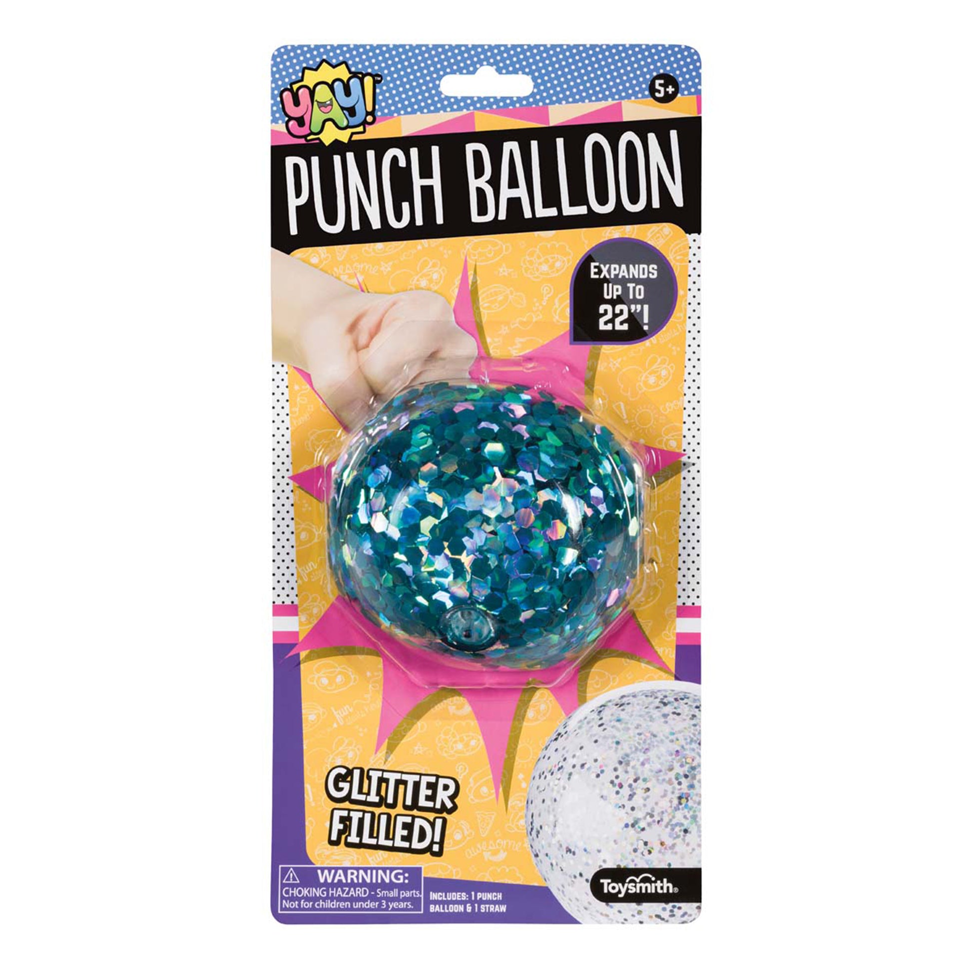 Packaging for the YAY! Glitter Punch Balloon by YAY! features colorful graphics of a hand punching a large blue and silver glitter balloon. Text highlights its 22-inch expansion and elastic band for active play fun.