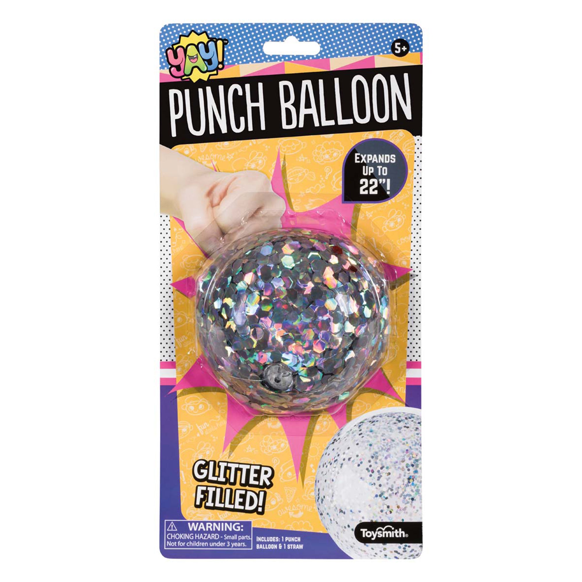 A package labeled YAY! Glitter Punch Balloon by YAY! shows a hand punching a glitter-filled balloon. Packaging features vibrant graphics, highlights "Expands up to 22 in," and gives a clear view of the active play toy inside.