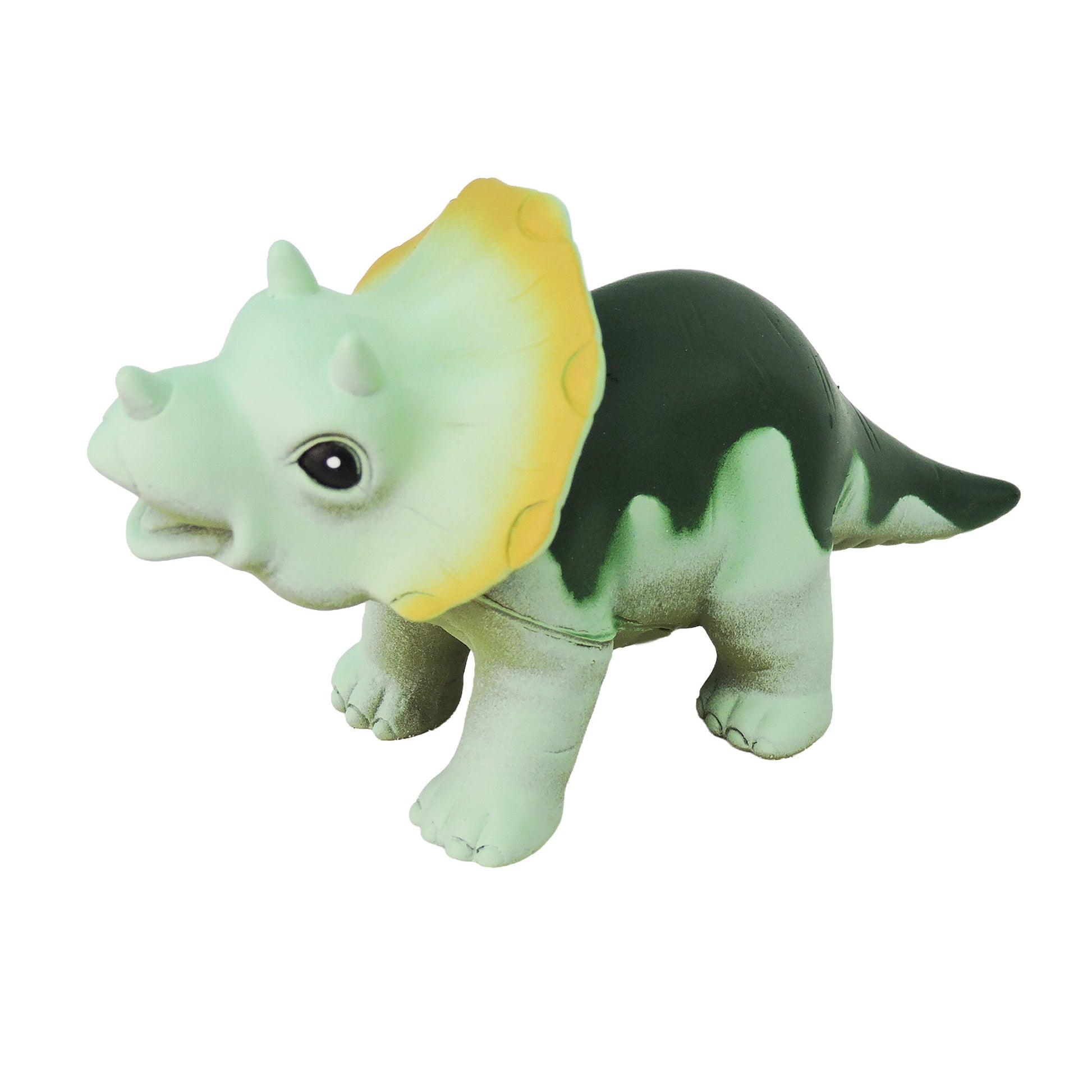 The Toysmith Baby Dino Figure by Toysmith is a green and yellow triceratops toy with three horns and a frilled head, standing on four legs against a white background.