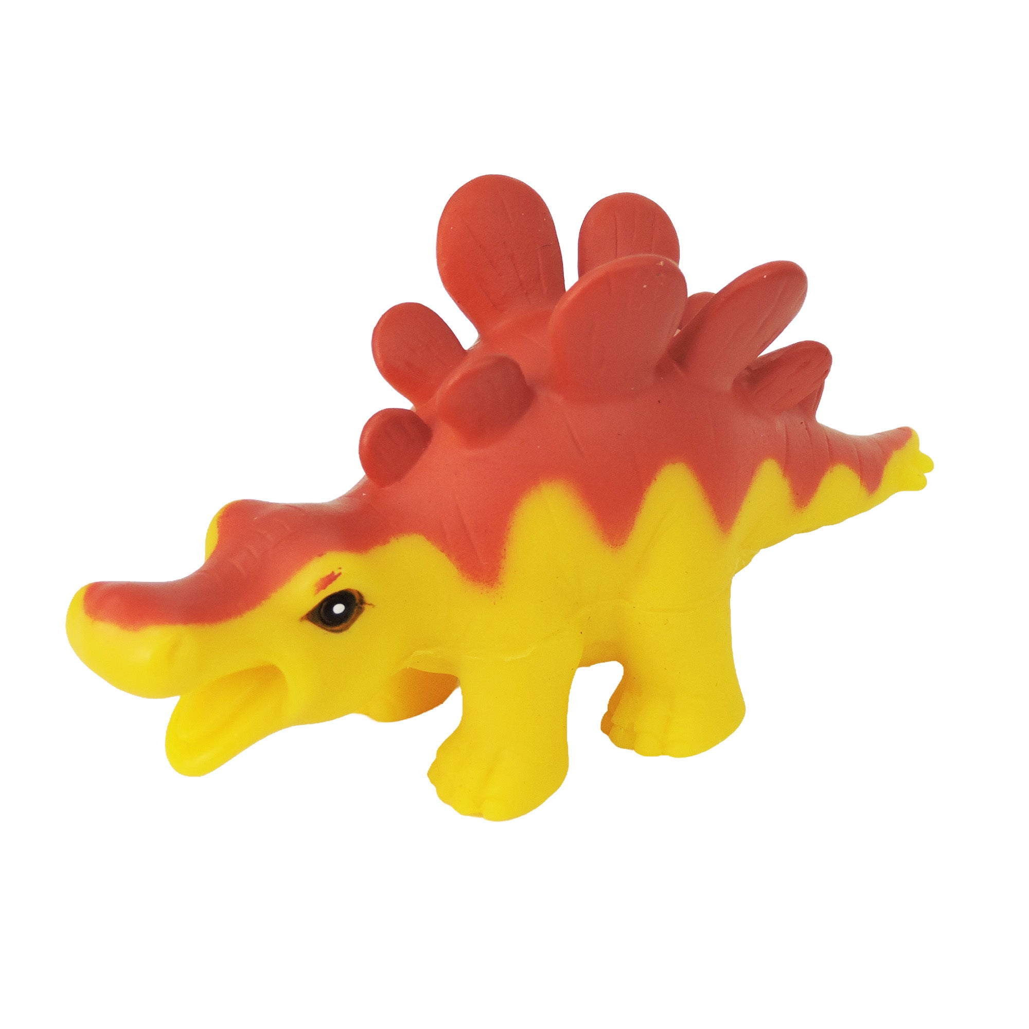 The Toysmith Baby Dino Figure by Toysmith is a yellow and orange stegosaurus-style toy dinosaur with red plates along its back, shown against a white background.