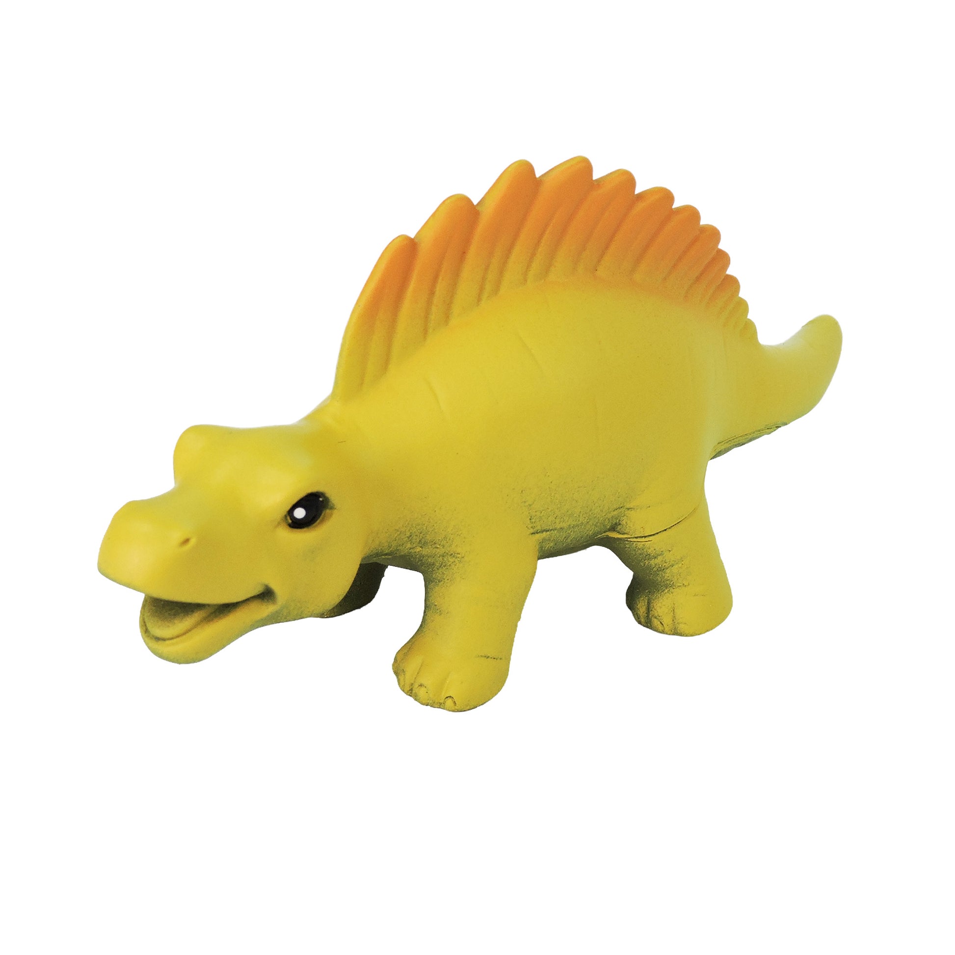 The Toysmith Baby Dino Figure by Toysmith is a yellow dinosaur toy with an orange, spiky back, standing on four legs and smiling against a white background.