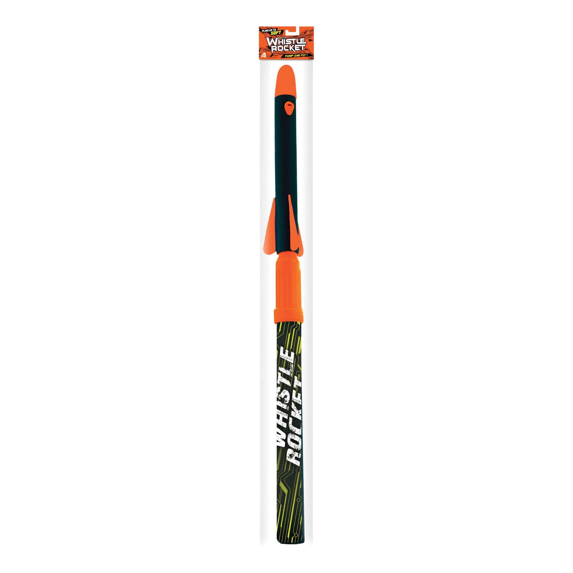 The Lanard Whistle Rocket by Lanard is a long black and orange finned rocket toy, packaged upright in a clear plastic tube with a colorful label—ideal for outdoor launch fun.