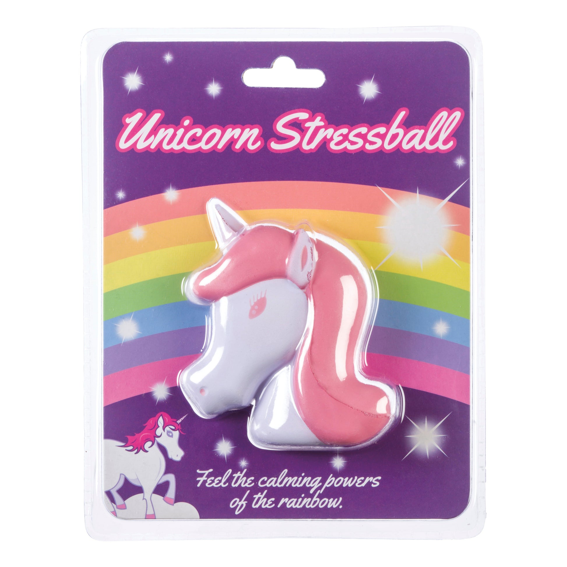 A packaged Unicorn Stress Ball by The Source, made of squishy foam with a pink mane and rainbow background. Packaging says "Unicorn Stress Ball" and "Feel the calming powers of the rainbow", featuring a cartoon unicorn sensory toy.