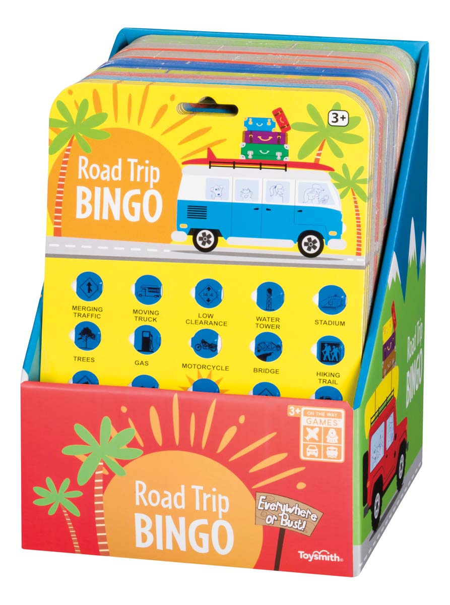 On the Way Games Road Trip Bingo by On the Way Games features a colorful van with luggage, fun road trip illustrations, and the tagline "Everywhere or Bust!"—the perfect travel bingo game for your next adventure.